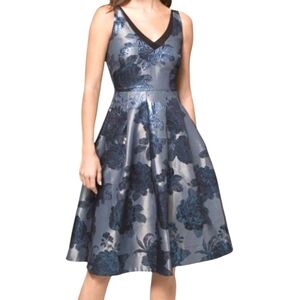 White House Black Market Metallic Blue Jacquard A-Line Stretch Back Dress 14 NWT